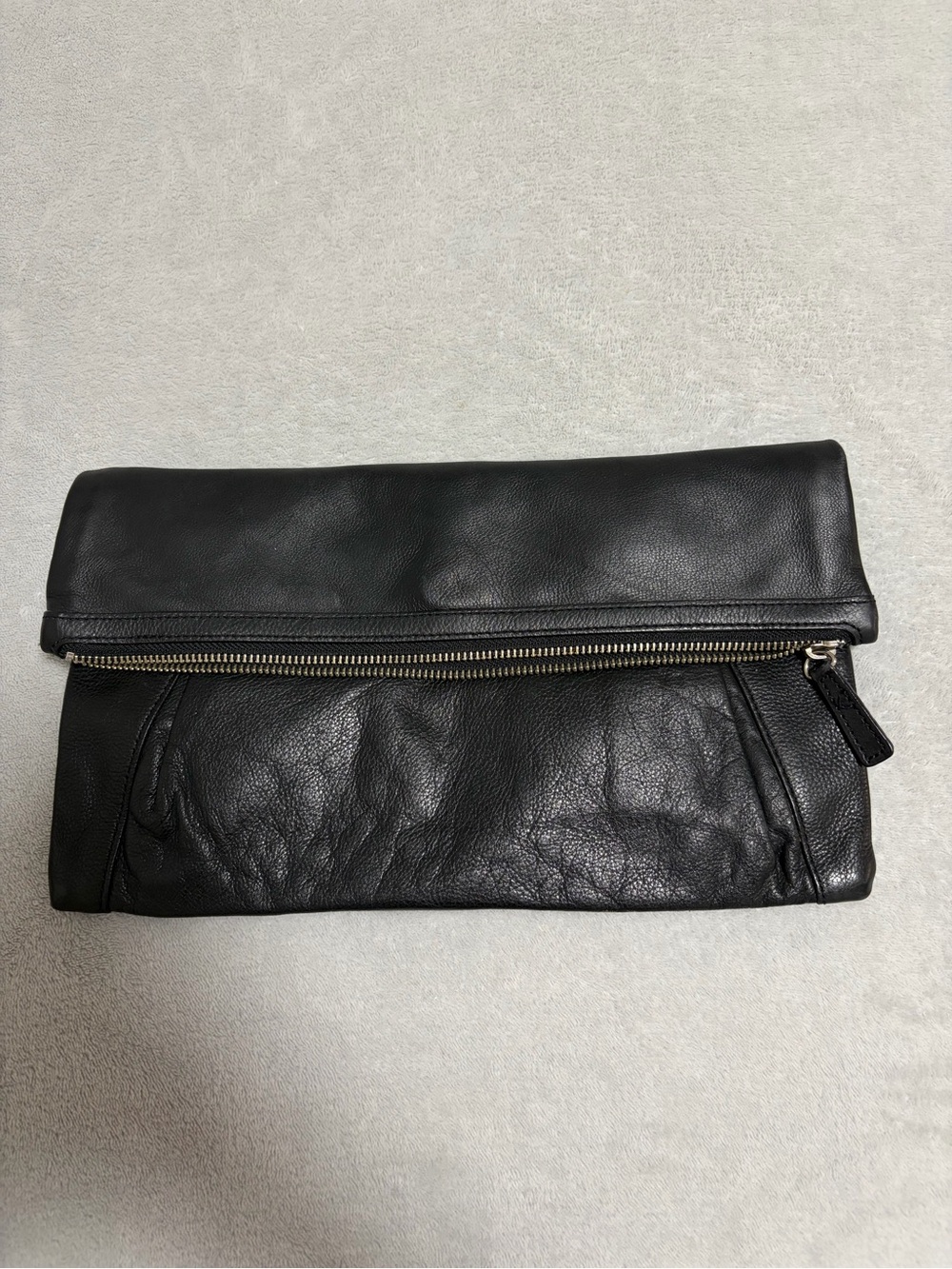 Black Leather Fold-Over Clutch Bag